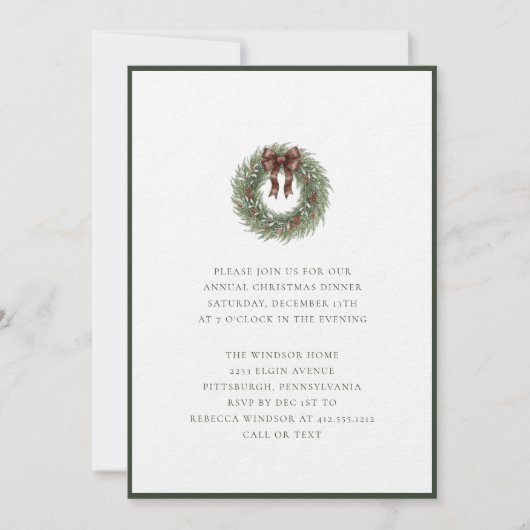 Eleganter Wasserfarben-Weihnachtskranz mit Karo-Sc Einladung (Vorderseite)