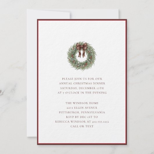 Eleganter Wasserfarben-Weihnachtskranz mit Karoban Einladung (Vorderseite)