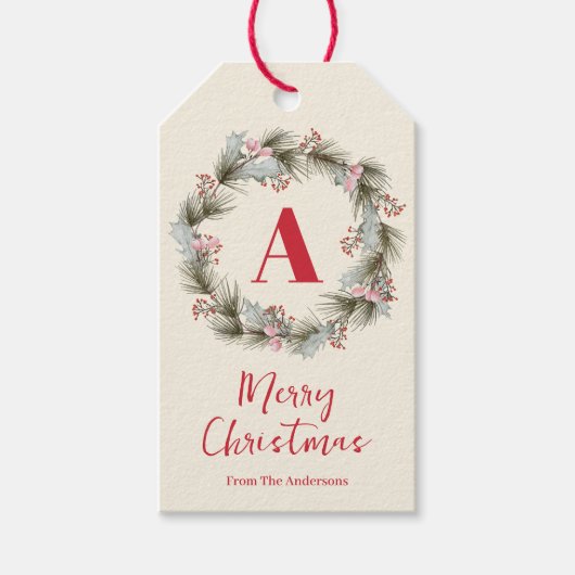 Eleganter Wasserfarben-Weihnachtskranz-Monogramm Geschenkanhänger (Vorderseite)