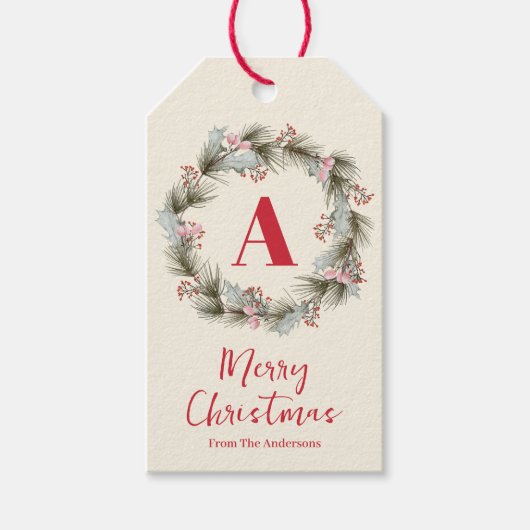 Eleganter Wasserfarben-Weihnachtskranz-Monogramm Geschenkanhänger (Vorderseite)