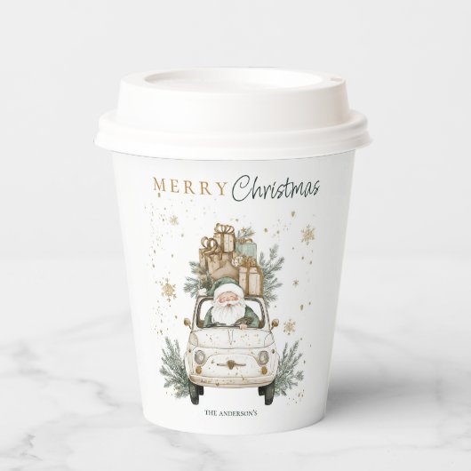 Eleganter Wasserfarben-Weihnachtsmann-Auto-Schnee- Pappbecher (Vorderseite)