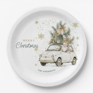 Eleganter Wasserfarben-Weihnachtsmann-Auto-Schnee- Pappteller