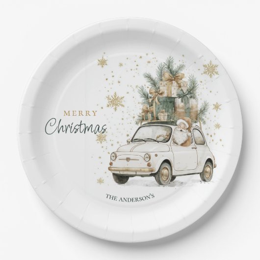 Eleganter Wasserfarben-Weihnachtsmann-Auto-Schnee- Pappteller (Vorderseite)