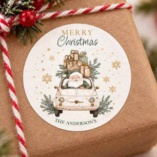 Eleganter Wasserfarben-Weihnachtsmann-Auto-Schnee Runder Aufkleber