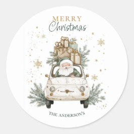 Eleganter Wasserfarben-Weihnachtsmann-Auto-Schnee Runder Aufkleber