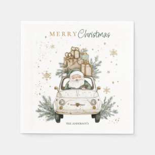 Eleganter Wasserfarben-Weihnachtsmann-Auto-Schnee- Serviette