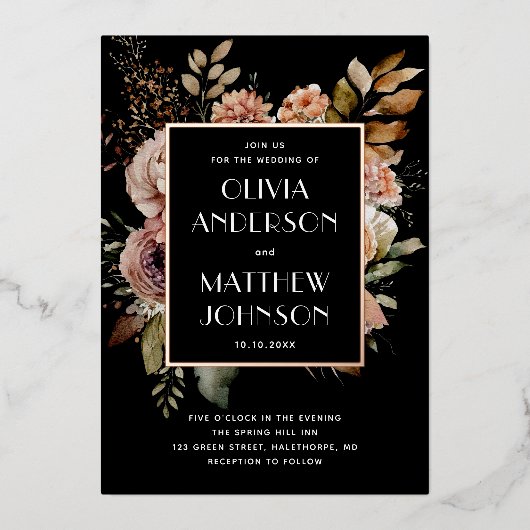 Eleganter Wasserfarbenfall Blütengold Schwarze Hoc Folieneinladung (Vorderseite)