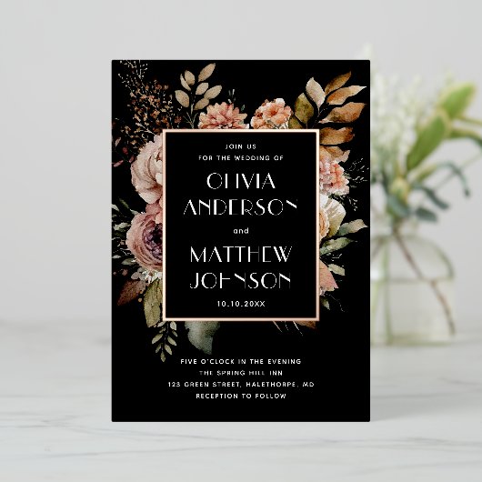 Eleganter Wasserfarbenfall Blütengold Schwarze Hoc Folieneinladung (Stehend vorne)