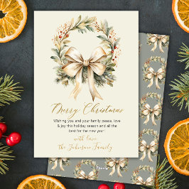 Eleganter Wasserfarbenkranz Goldene Schleife Frohe Feiertagskarte