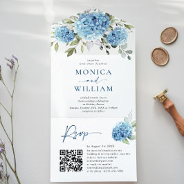 Eleganter Watercolor Blue Hydrangea QR Code Weddin All In One Einladung