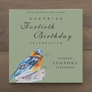 Eleganter Watercolor Bluebird Überraschung Geburts Einladung