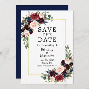 Eleganter Watercolor Burgundy Blauer Goldrahmen Save The Date