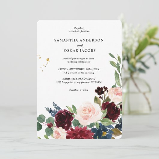 Eleganter Watercolor Burgundy Blush & Gold Tropfen Einladung (Stehend Vorderseite)