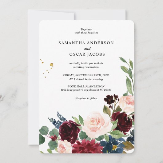 Eleganter Watercolor Burgundy Blush & Gold Tropfen Einladung (Vorderseite)