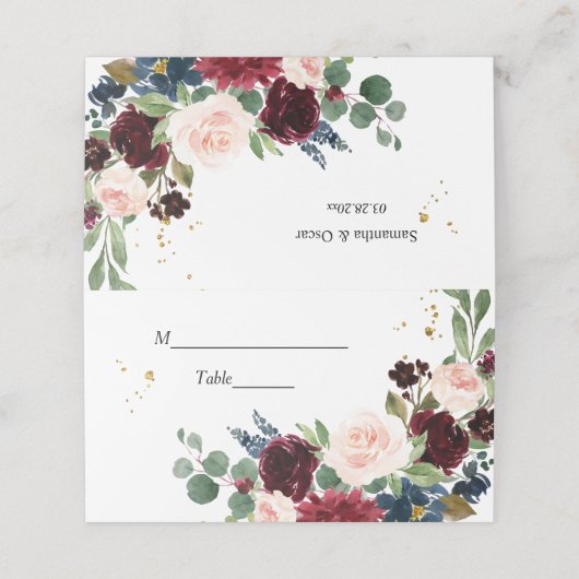 Eleganter Watercolor Burgundy Blush & Gold Tropfen Platzkarte (Außenseite Aufgefaltet)