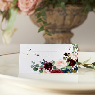 Eleganter Watercolor Burgundy Blush & Gold Tropfen Platzkarte