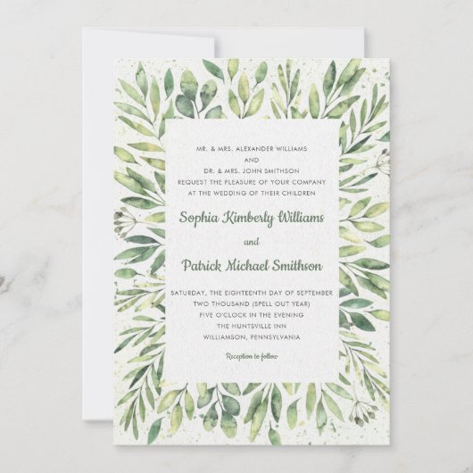 Eleganter Watercolor Foliage Spritzer Einladung (Vorderseite)