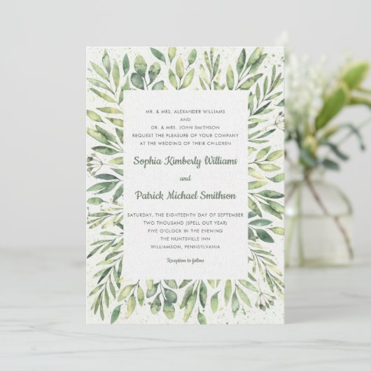 Eleganter Watercolor Foliage Spritzer Einladung (Stehend Vorderseite)
