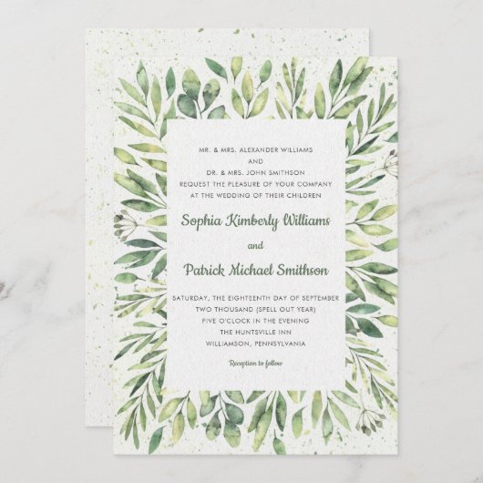 Eleganter Watercolor Foliage Spritzer Einladung (Vorne/Hinten)