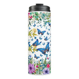Eleganter Watercolor-Garten & Blaue Schmetterlinge Thermosbecher