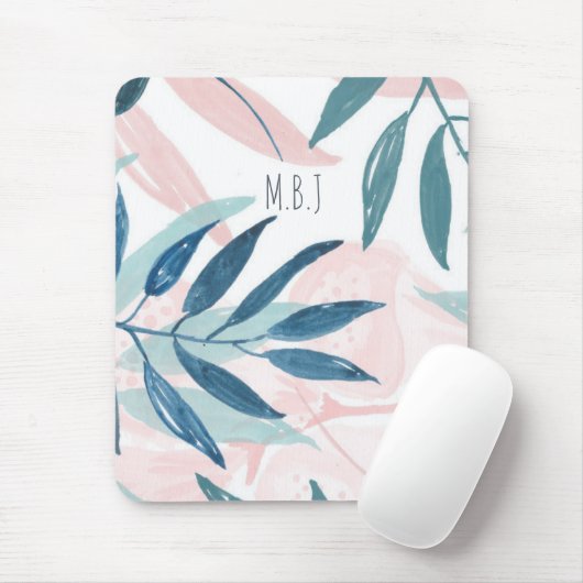 Eleganter Watercolor-Pastell verlässt Monogramm Mousepad (Mit Mouse)