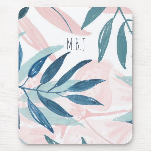 Eleganter Watercolor-Pastell verlässt Monogramm Mousepad (Vorne)