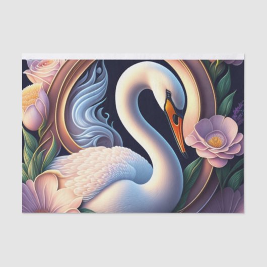 Eleganter Watercolor Schwan in orientalischer Blum Seidenpapier (Vorderseite)
