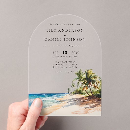Eleganter Watercolor Tropical Beach Wedding Arch Acryleinladungen (Insitu (Handheld))
