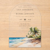 Eleganter Watercolor Tropical Beach Wedding Arch Acryleinladungen (Vorderseite)