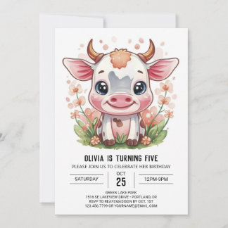 Eleganter Watercolor Whimsical Kuh Geburtstag Einladung