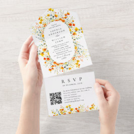 Eleganter Watercolor Wild Blume Hochzeit QR-Code All In One Einladung