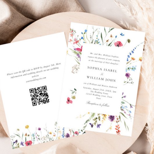 Eleganter Watercolor Wild Blume Hochzeit QR-Code Einladung