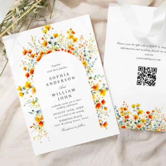 Eleganter Watercolor Wild Blume Hochzeit QR-Code Einladung