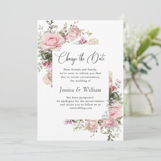 Eleganter Wechsel der Rose der Hochzeitsankündigun Einladung (Stehend Vorderseite)