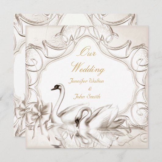 Eleganter Wedding Cream White Swans Bow Einladung (Vorne/Hinten)
