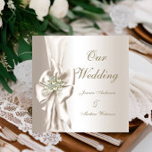 Eleganter Wedding Damask Pearl Cream White Bow Einladung