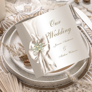 Eleganter Wedding Damask Pearl Cream White Bow Einladung