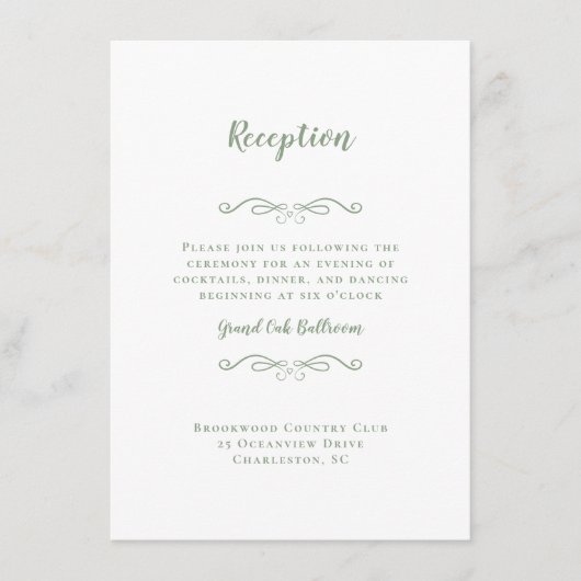 Eleganter Wedding Empfang Sage Green White Chic E Begleitkarte (Vorderseite)