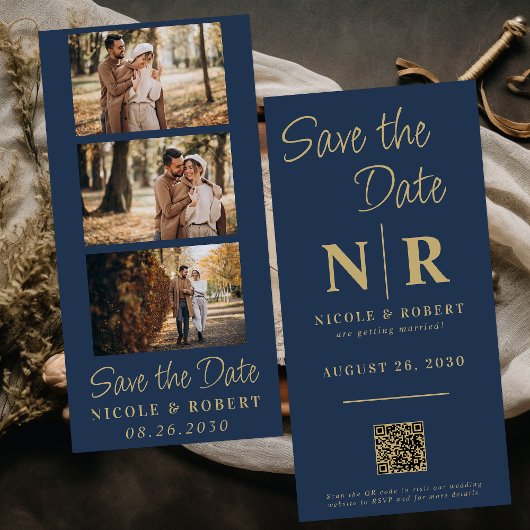 Eleganter Wedding Monogram Foto Strip QR Code Save The Date