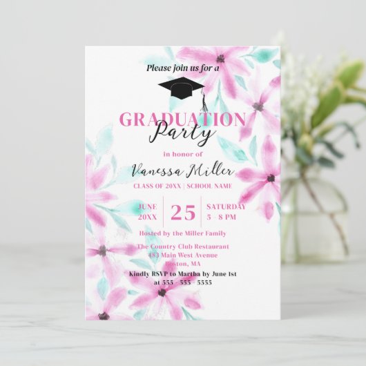 Eleganter, weichrosa Blume Abschluss Einladung (Stehend Vorderseite)