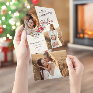 Eleganter Weihnachts-Blumen-Goldbogen 2-Fotos All In One Einladung