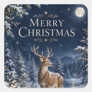 Eleganter Weihnachts Hirsch, Vintage-Waldgravur Quadratischer Aufkleber
