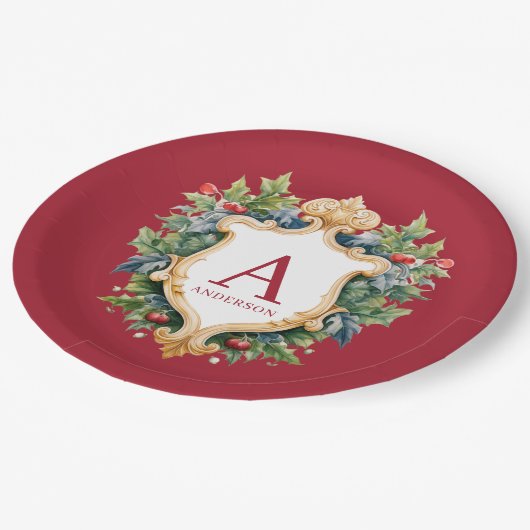 Eleganter Weihnachts-Monogramm-Brief Pappteller (Schrägansicht)