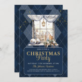 Eleganter Weihnachts-Party Navy Kariert Gold Glitz Einladung (Vorne/Hinten)