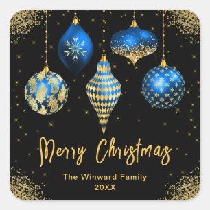 Eleganter Weihnachts-Schmuck in Blau und Gold Quadratischer Aufkleber