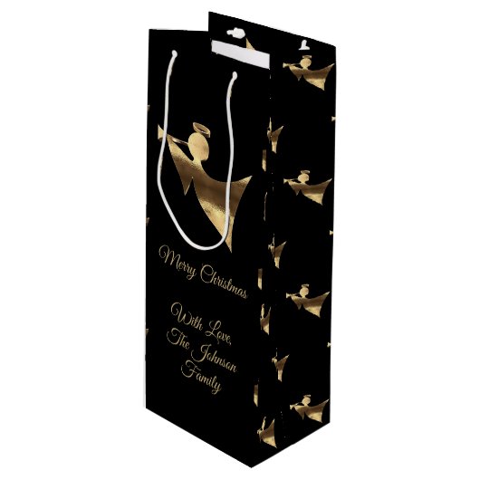 Eleganter Weihnachts Trumpet Angel Black Gold Look Geschenktüte Für Weinflaschen (Vorderseite Schrägansicht)