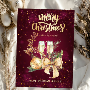 Eleganter Weihnachtsball, Rentier, Weinglas, Bow Feiertagskarte