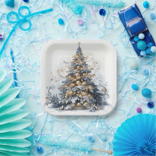 Eleganter Weihnachtsbaum Gold Ornamente Schnee Pappteller (Party)