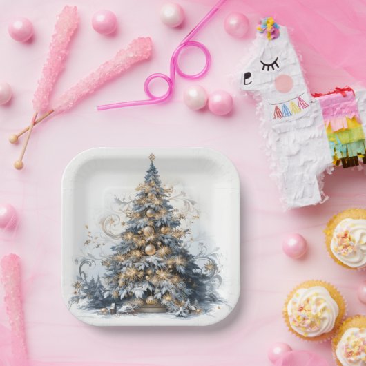 Eleganter Weihnachtsbaum Gold Ornamente Schnee Pappteller (Party)