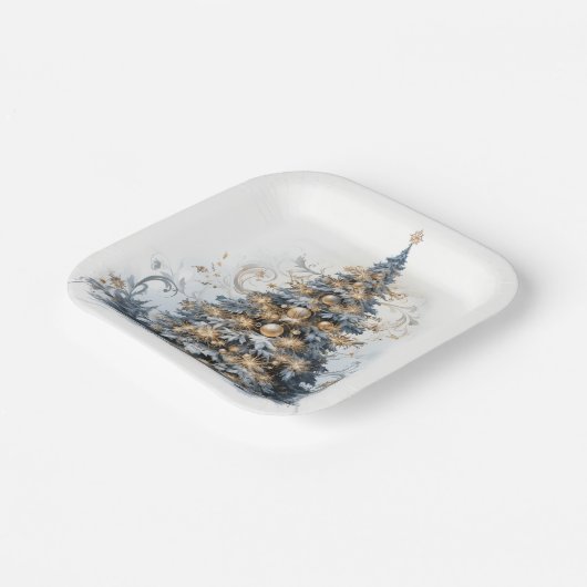 Eleganter Weihnachtsbaum Gold Ornamente Schnee Pappteller (Gewinkelt)